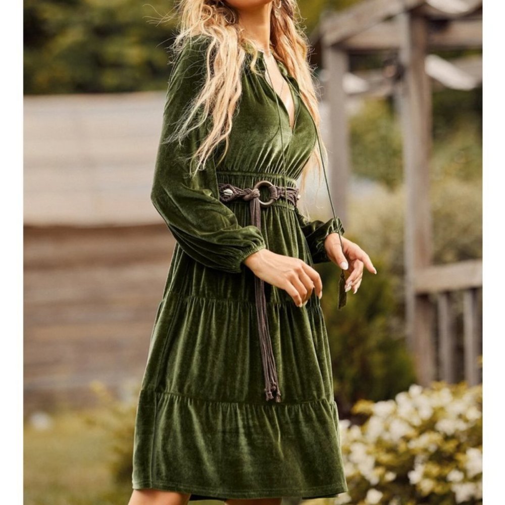 Green OliveBoho Tie Neck detail Lantern Sleeved Velvet Cottagecore Dress - Picture 5 of 7